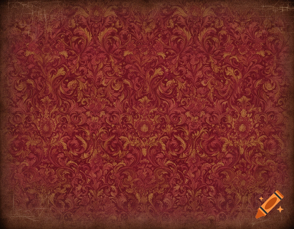 A red and gold vintage wallpaper pattern with ornate floral and scrollwork designs and a distressed texture.