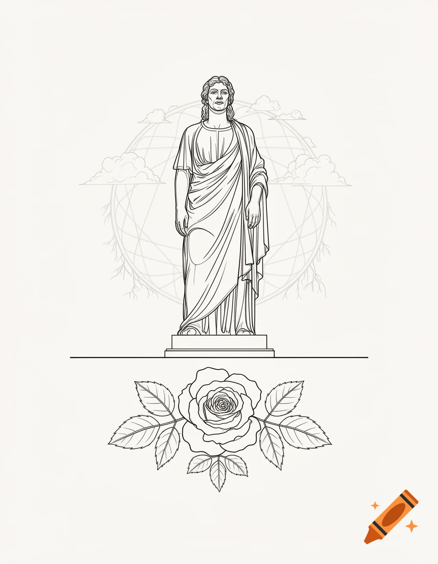 Line art of a classical-style statue in a toga on a pedestal, with a stylized rose below and faint global patterns.