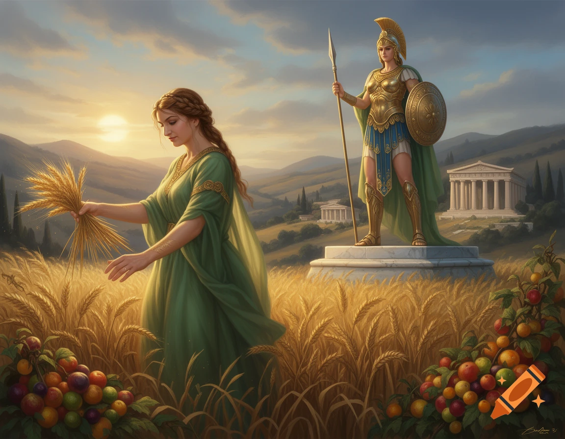 Demeter harvests golden wheat while a statue of Athena stands guard in ...