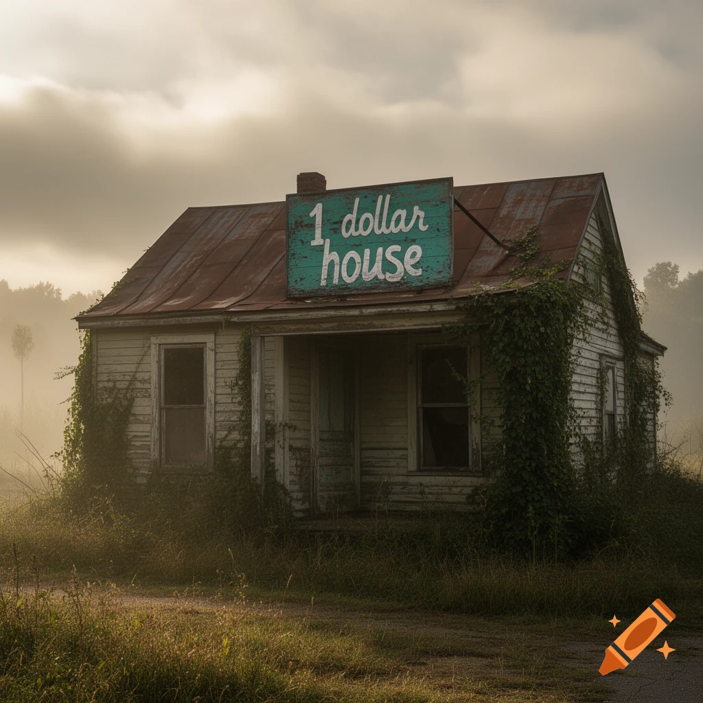 An old, dilapidated wooden house with a '1 dollar house' sign on its rusty tin roof, set in a misty, overgrown rural landscape.