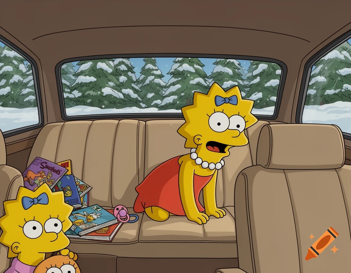 Lisa Simpson, wearing a red dress and pearl necklace, sits in the backseat of a car next to Maggie Simpson, with snow-covered trees visible outside the windows.