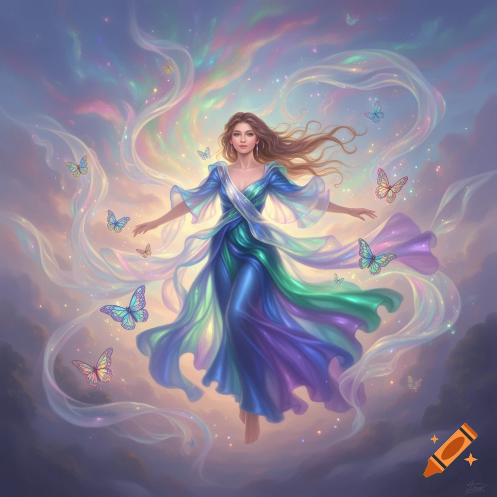 A woman in a flowing blue, green, and purple dress floats amidst ethereal clouds, surrounded by colorful butterflies and shimmering light.