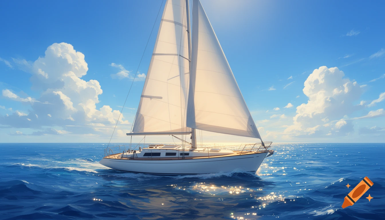 A white sailboat with full sails glides across a blue ocean under a bright blue sky with fluffy white clouds, sun sparkling on the water.