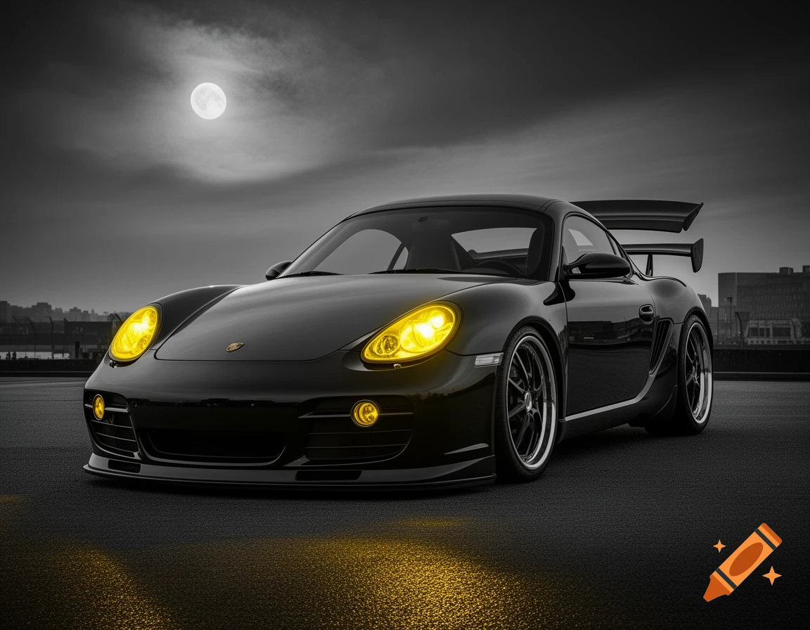 A black Porsche Cayman S 987.1 sports car with yellow lights on an asphalt lot under a full moon at night.