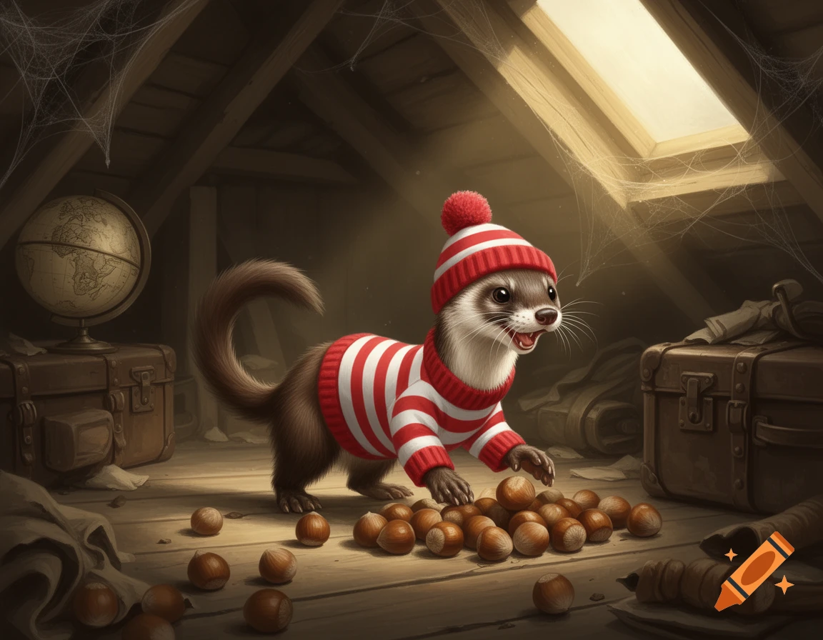 A cute ferret-like animal in a red and white striped sweater and hat plays with hazelnuts in a dusty attic.