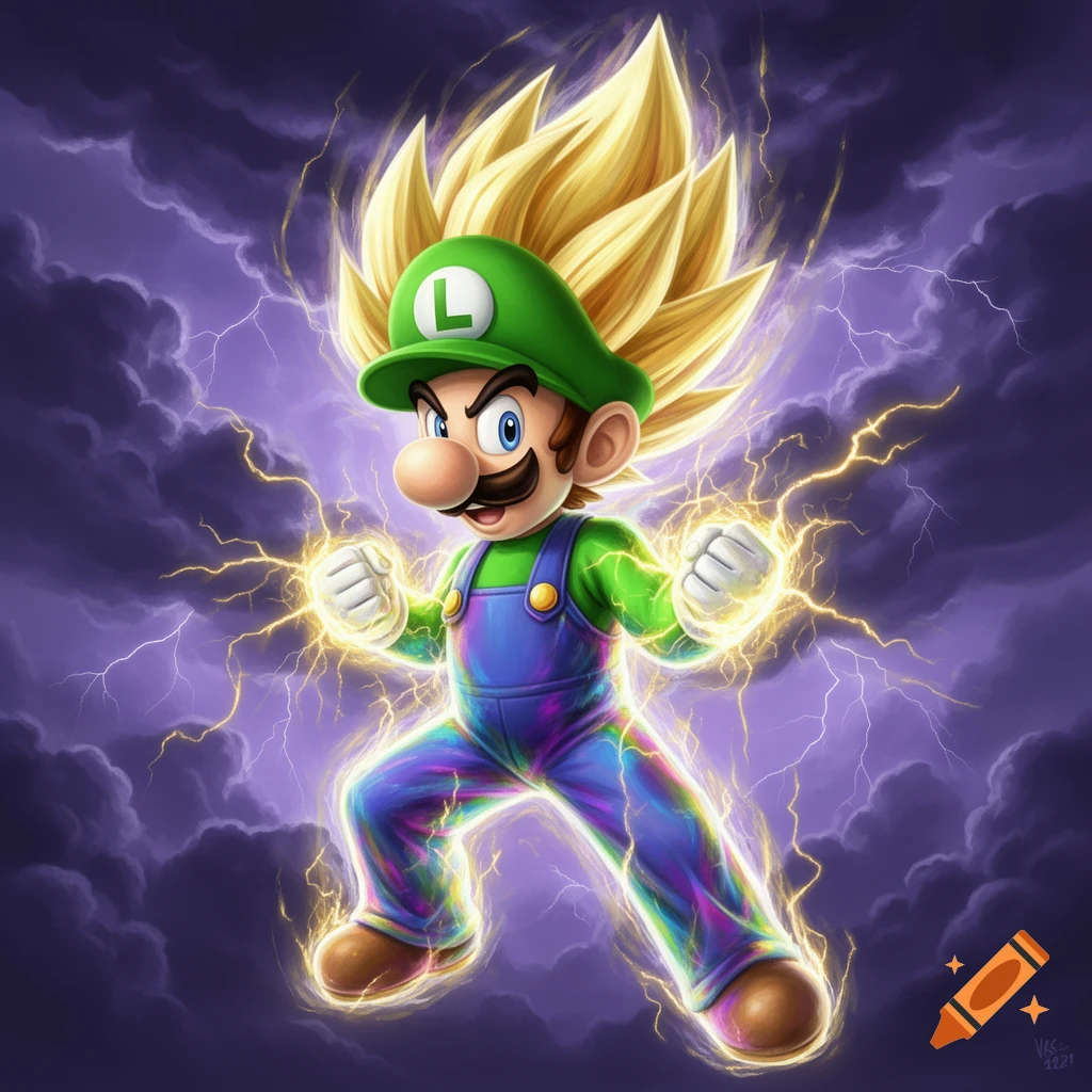 Super Saiyan Luigi with spiky blonde hair and lightning, floating against a purple stormy sky in a vibrant cartoon style.