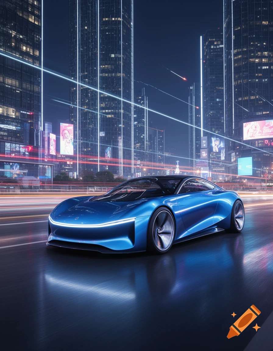 A sleek blue futuristic car drives on a wet city street at night, surrounded by towering skyscrapers with glowing windows and light trails.
