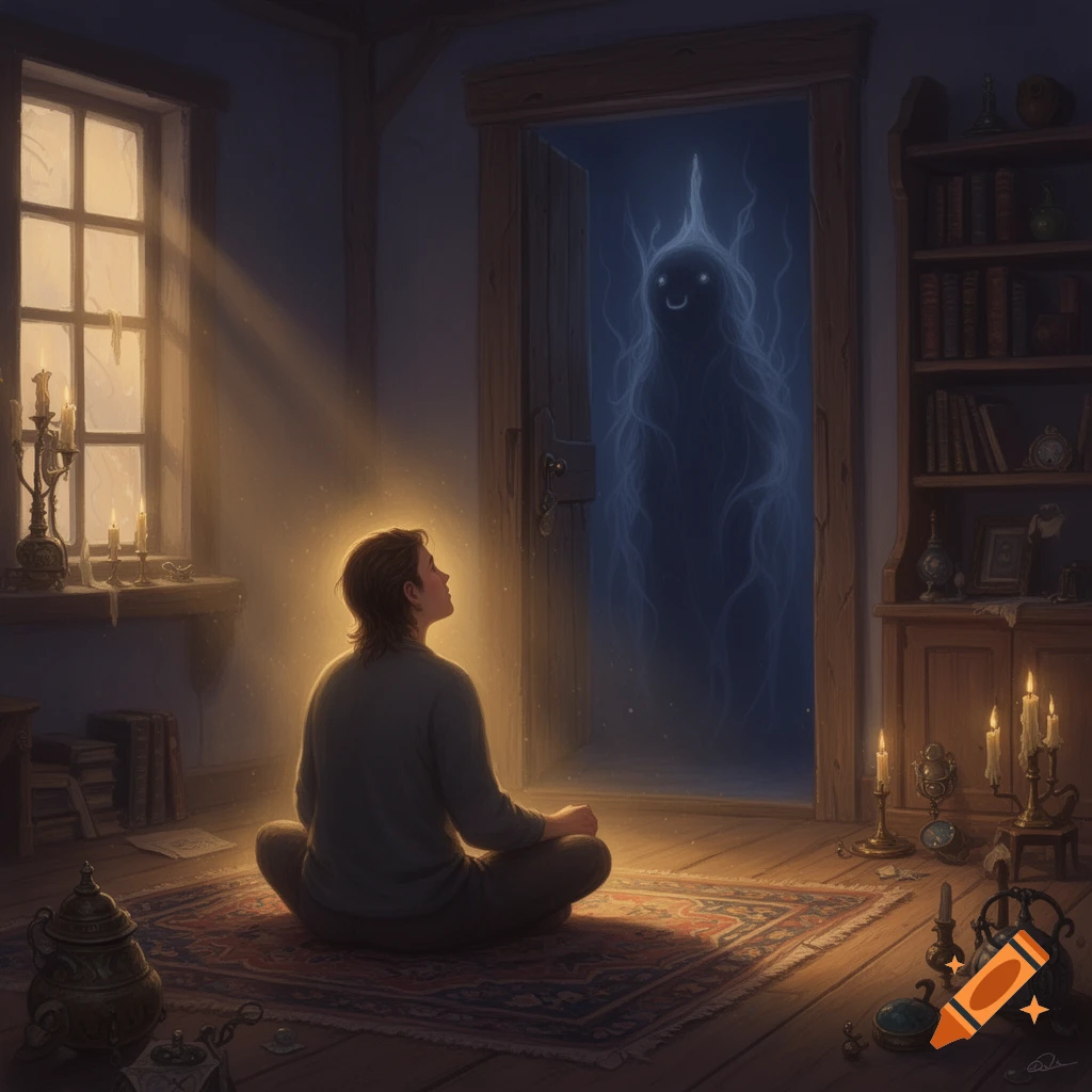 A person meditates on a rug in a dim room, facing a doorway with a smiling, wispy ghost.