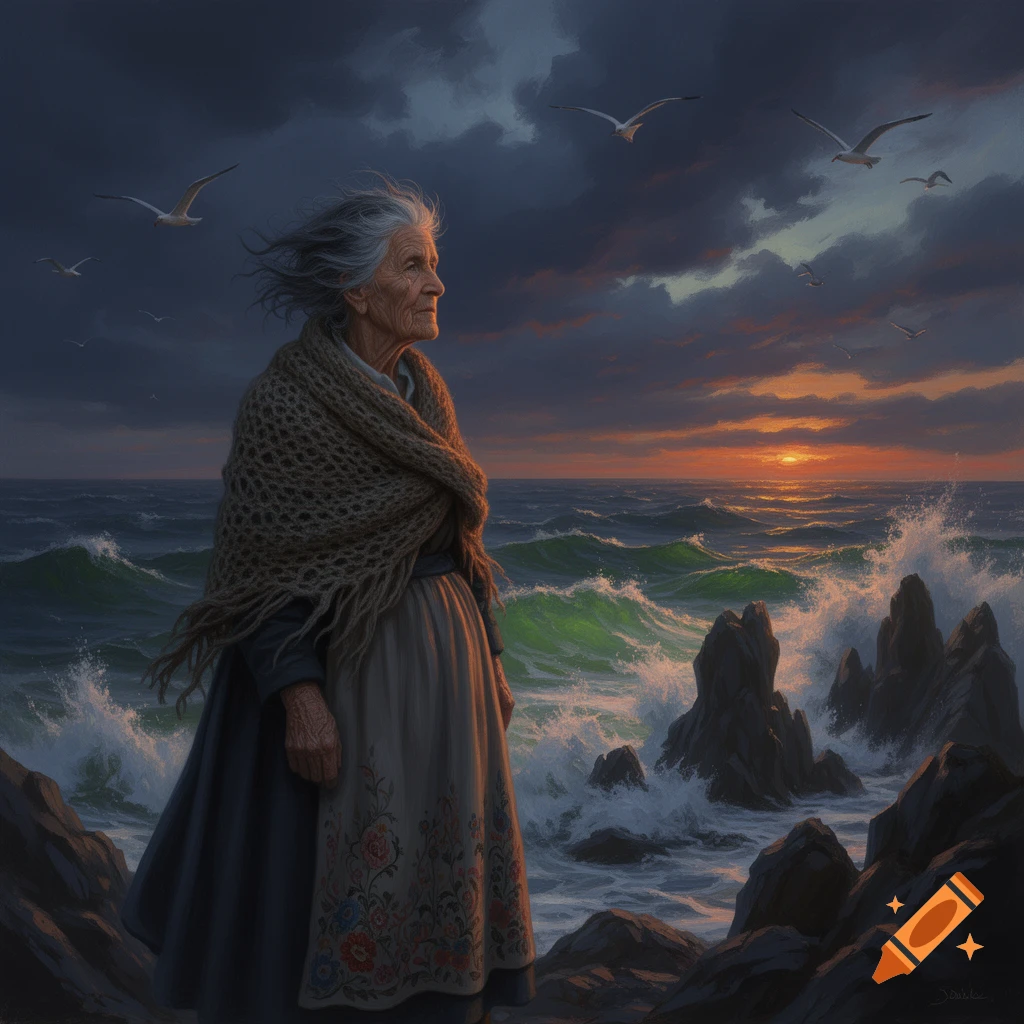 An elderly woman with gray hair and a shawl stands on rocks by a stormy sea at sunset, looking towards the horizon in a painting style.