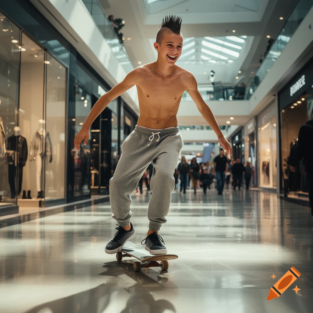 A shirtless, mohawked male teenager happily skateboards through a bright, modern mall.