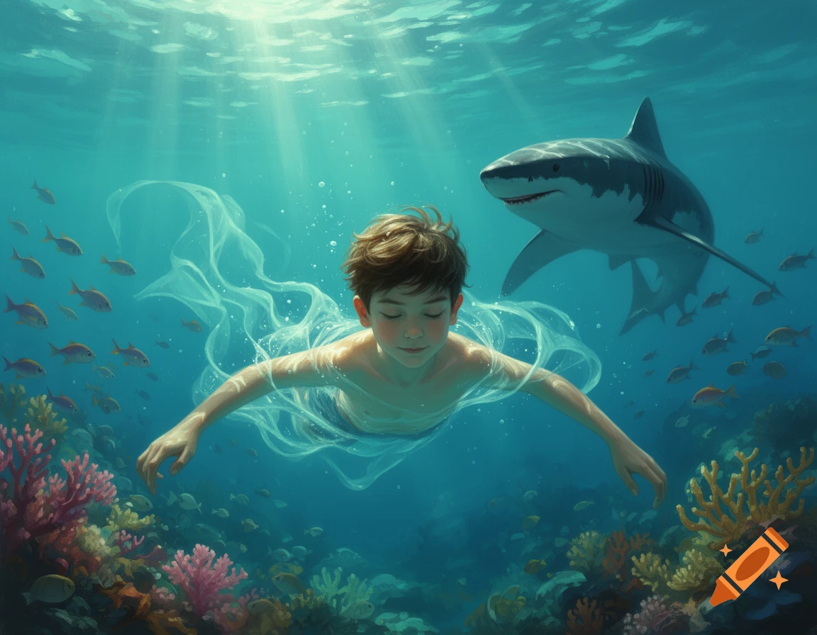 A boy swims serenely underwater among colorful coral and fish, with a large shark in the sunlit background.