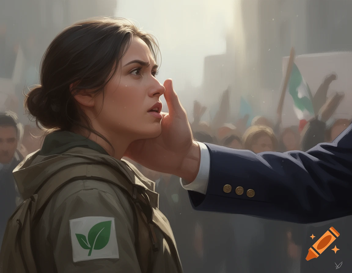 A distressed woman in an environmentalist jacket with a green leaf patch, looks away as a man in a suit touches her face during a protest.