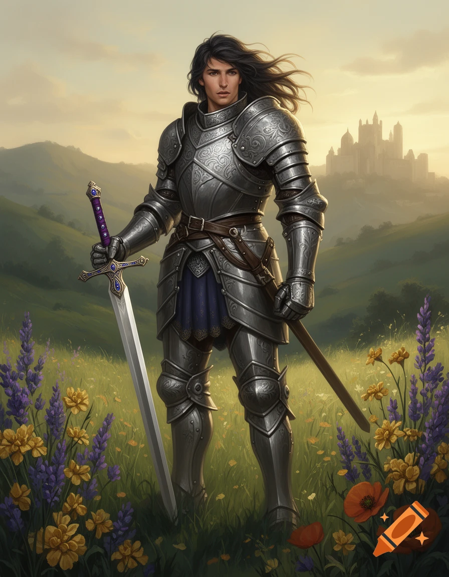 A knight in ornate silver armor stands in a vibrant flower field with a large sword, a castle in the distant background.