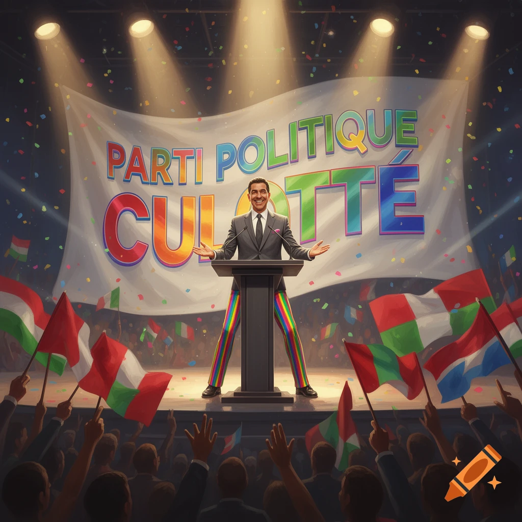 A smiling man in a suit and rainbow-striped pants speaks at a podium to a cheering crowd under spotlights, with a banner behind him reading "PARTI POLITIQUE CULOTTÉ" and confetti falling.