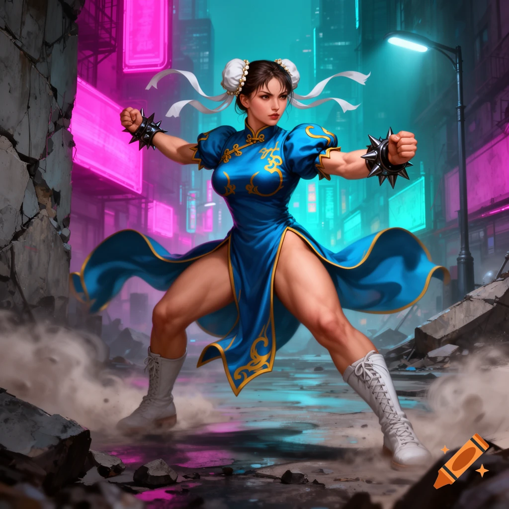 Chun-Li in a blue fighting dress with spiked bracelets poses powerfully on a ruined, neon-lit cyberpunk street, digital art.