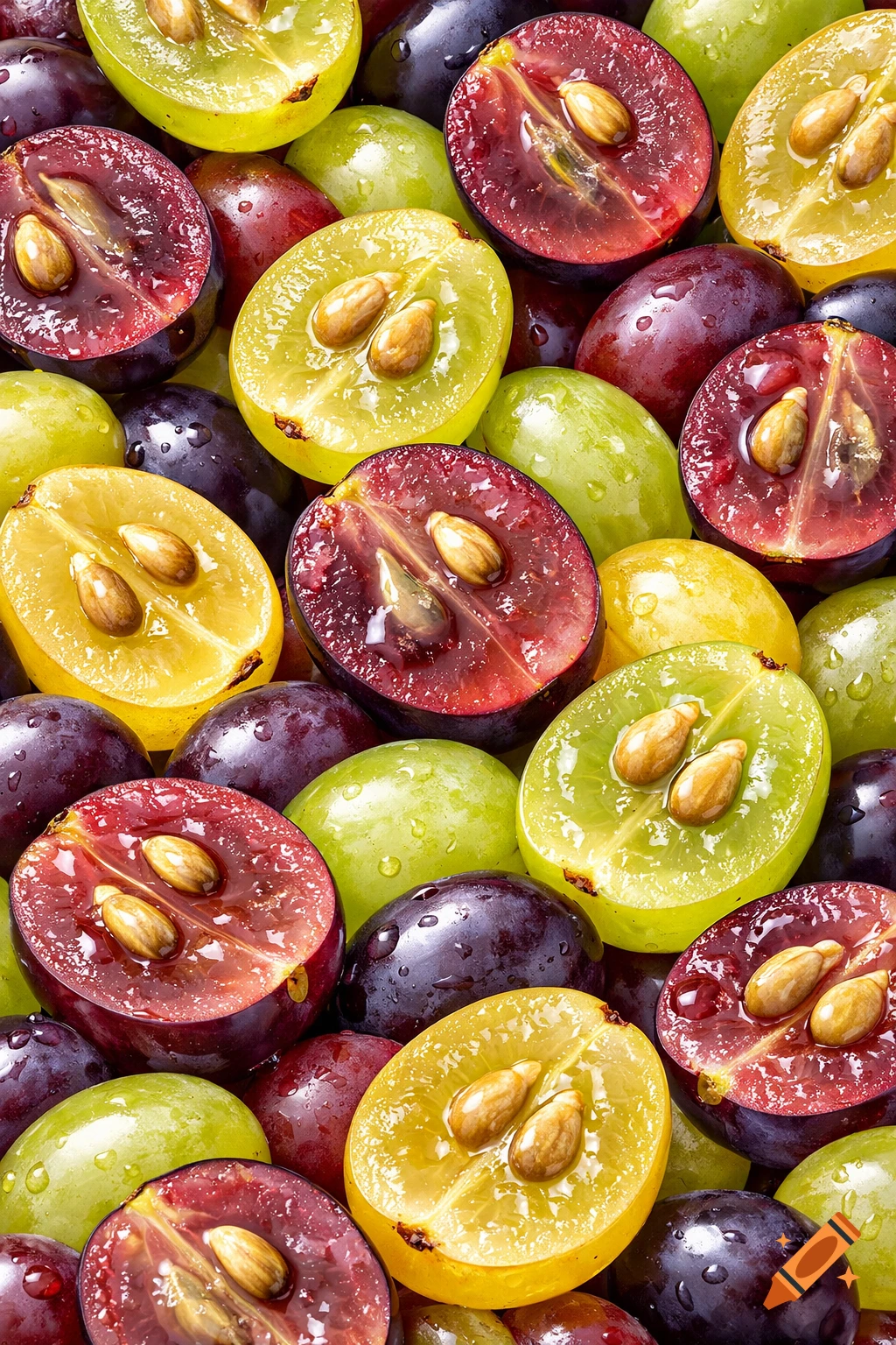 Close-up, top-down view of whole and halved green, red, and dark purple grapes with visible seeds and water droplets, photorealistic.