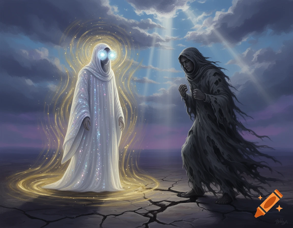 A glowing white cloaked figure with bright eyes faces a dark, tattered cloaked figure on cracked earth under a dramatic sky, representing truth and lies.