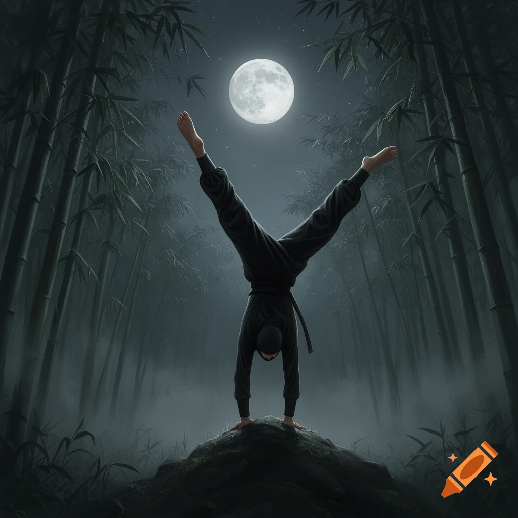 A ninja in a black uniform performs a handstand on a rock, legs spread, in a misty bamboo forest under a full moon.