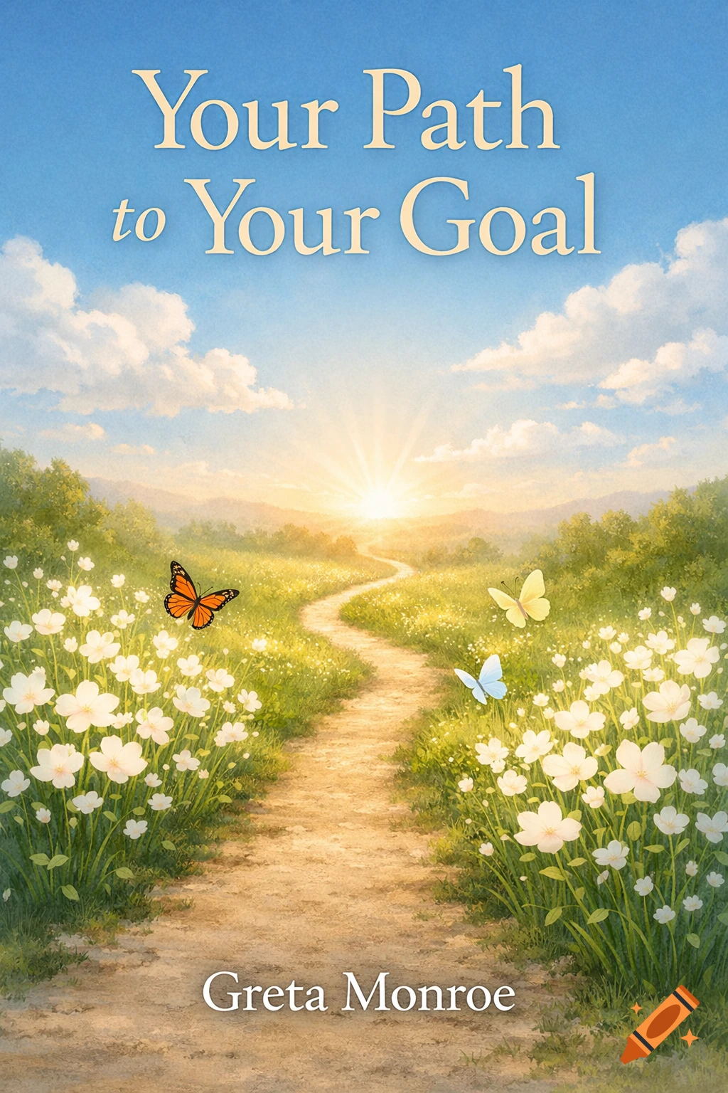 A watercolor illustration of a dirt path winding through white flowers and green grass towards a bright sunrise, with three butterflies flying. Text: 'Your Path to Your Goal' by 'Greta Monroe'.