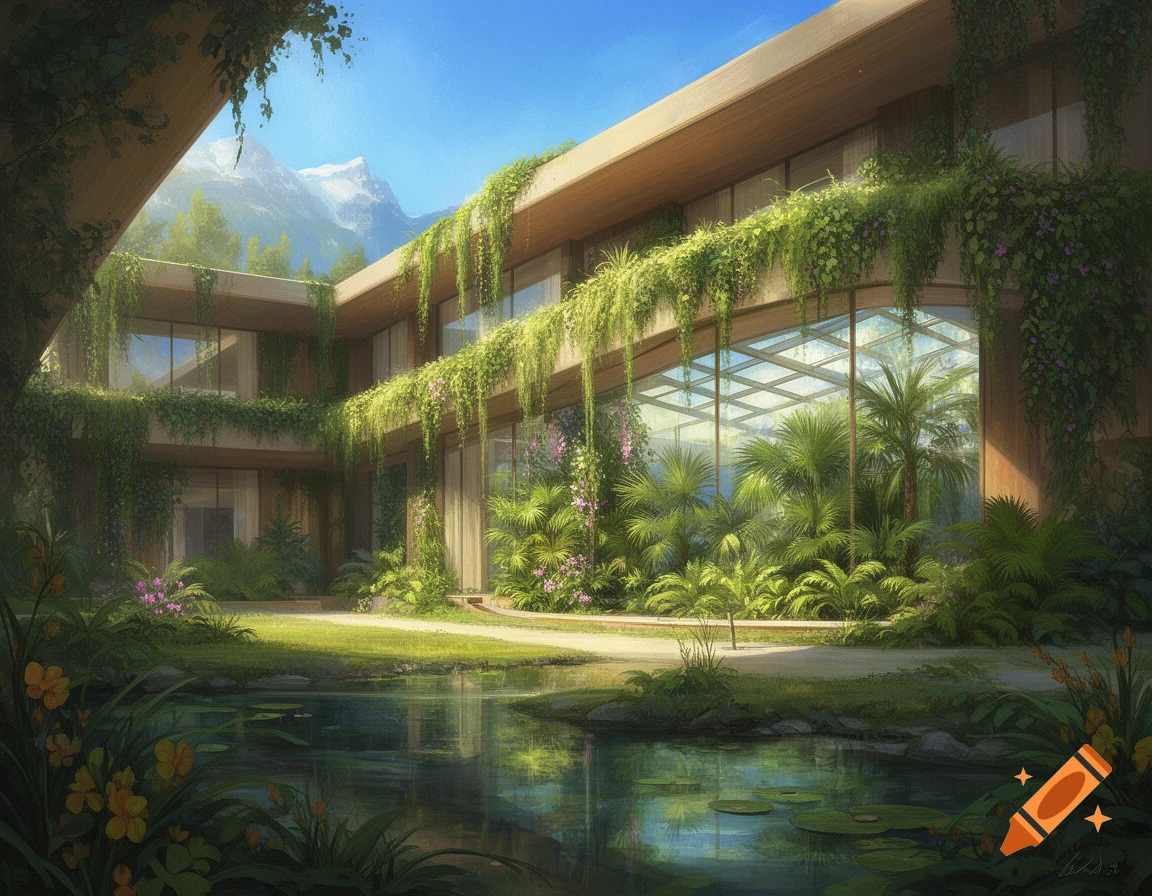 Lush, modern hotel building covered in green vines and plants, overlooking a tranquil pond with lily pads, under a blue sky and snowy mountains.