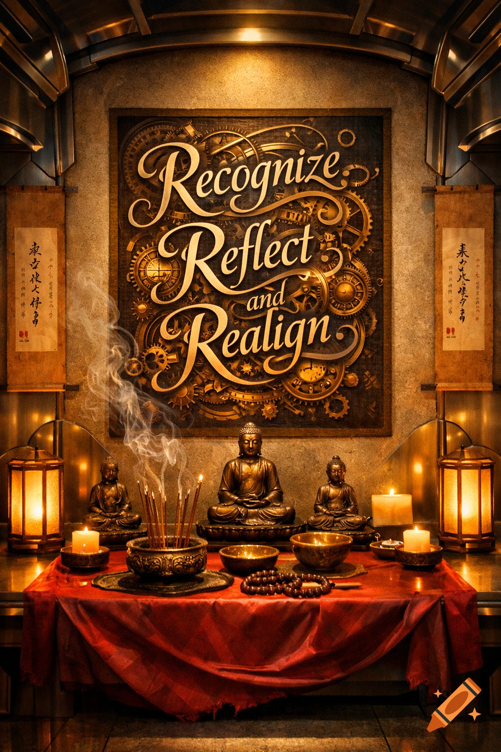 A detailed Buddhist shrine featuring three Buddha statues, candles, incense, and a large poster with 'Recognize Reflect and Realign' text over steampunk gears.
