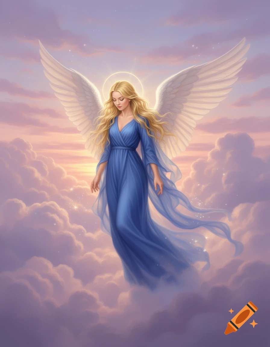 A blonde angel with a halo and large white wings floats above pink and purple clouds in a blue flowing dress at sunset.