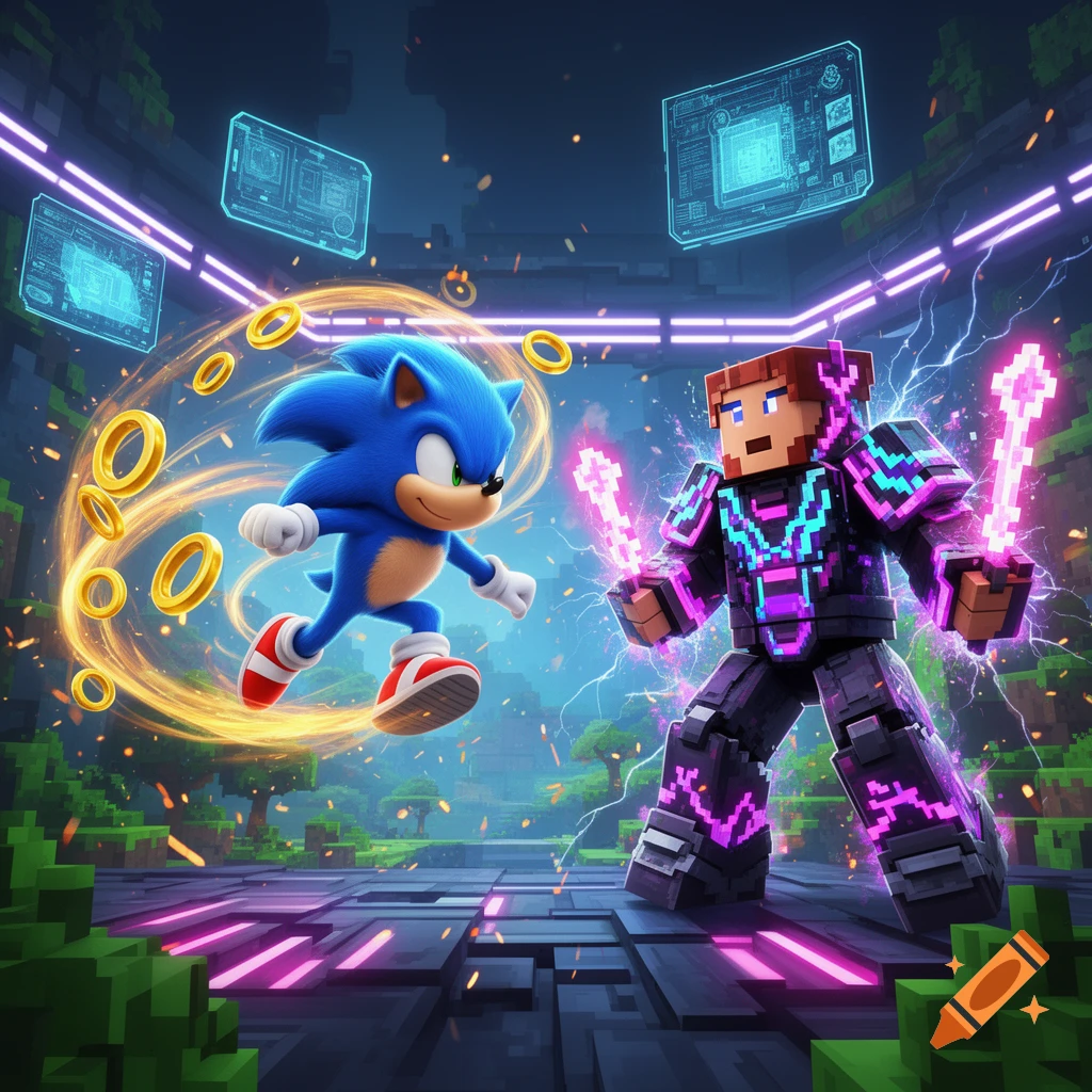 Sonic the Hedgehog runs with rings, facing a glowing Minecraft-style warrior in a futuristic blocky arena with purple lights and holograms, digital art.
