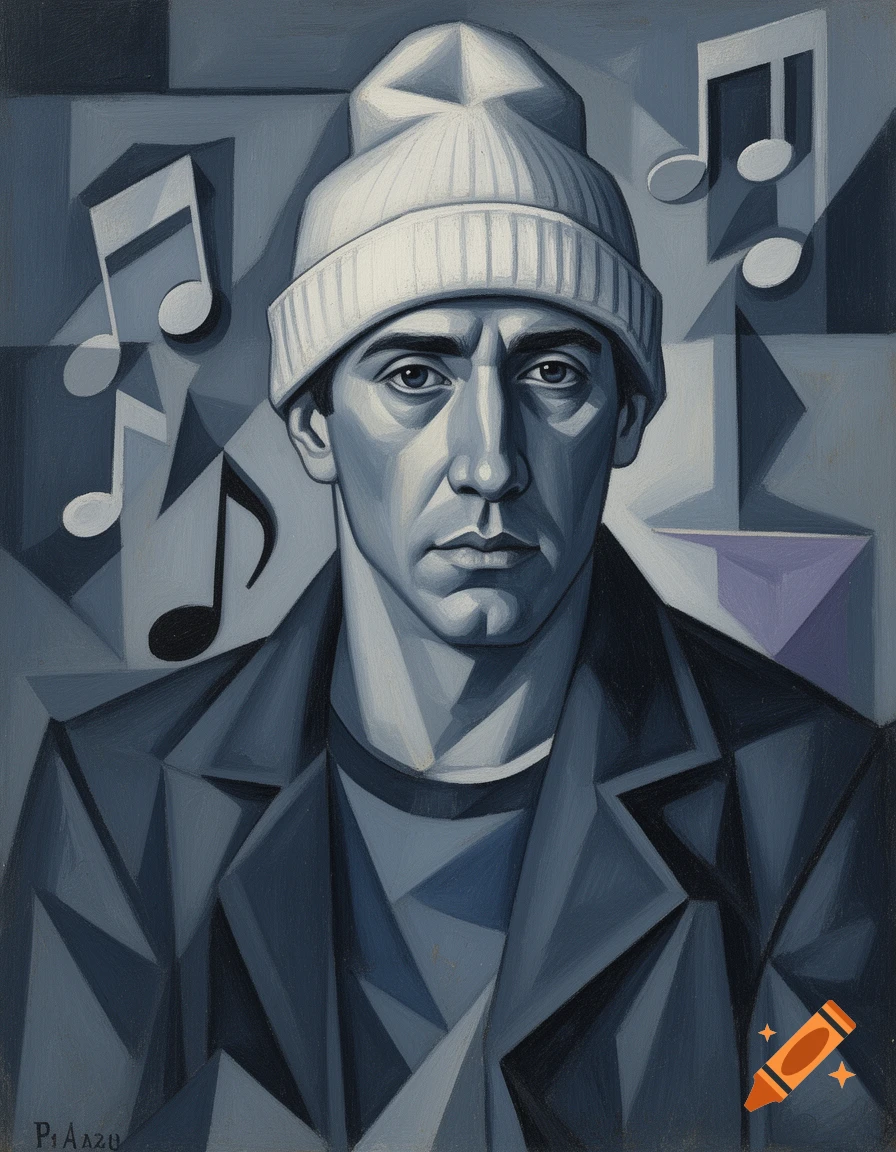 Cubist portrait of a man in a white beanie and dark jacket, surrounded by geometric shapes and musical notes.
