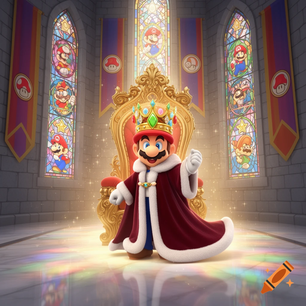 Mario dressed as a king in a red robe and crown, sitting on a golden throne in a grand cathedral with stained glass windows.