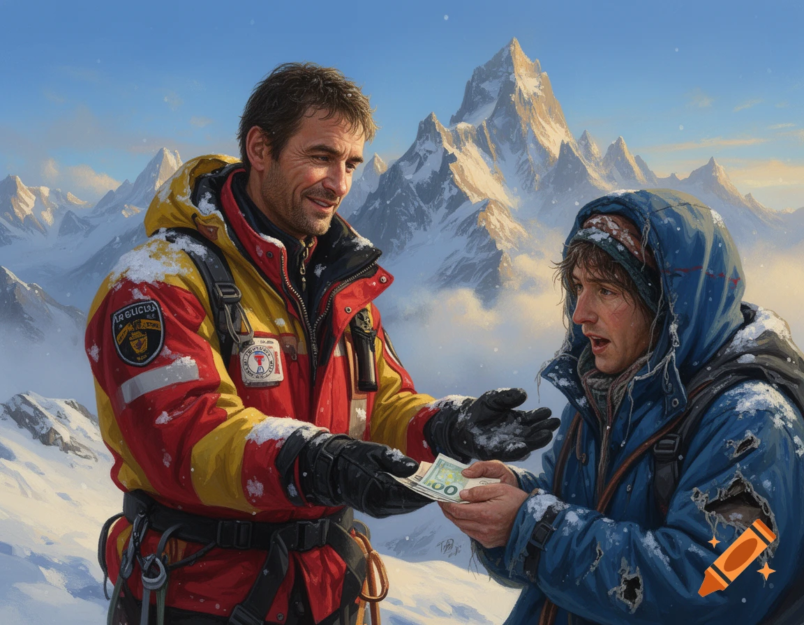 A smiling mountain rescuer in a red and yellow jacket gives money to a distressed person in a blue coat amidst a snowy mountain range.