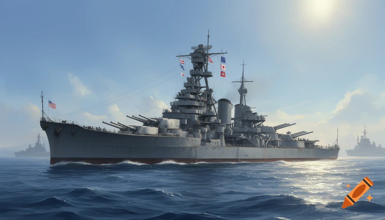 Photorealistic illustration of a large grey battleship, possibly USS Missouri, sailing on a blue sea under a partly cloudy sky.
