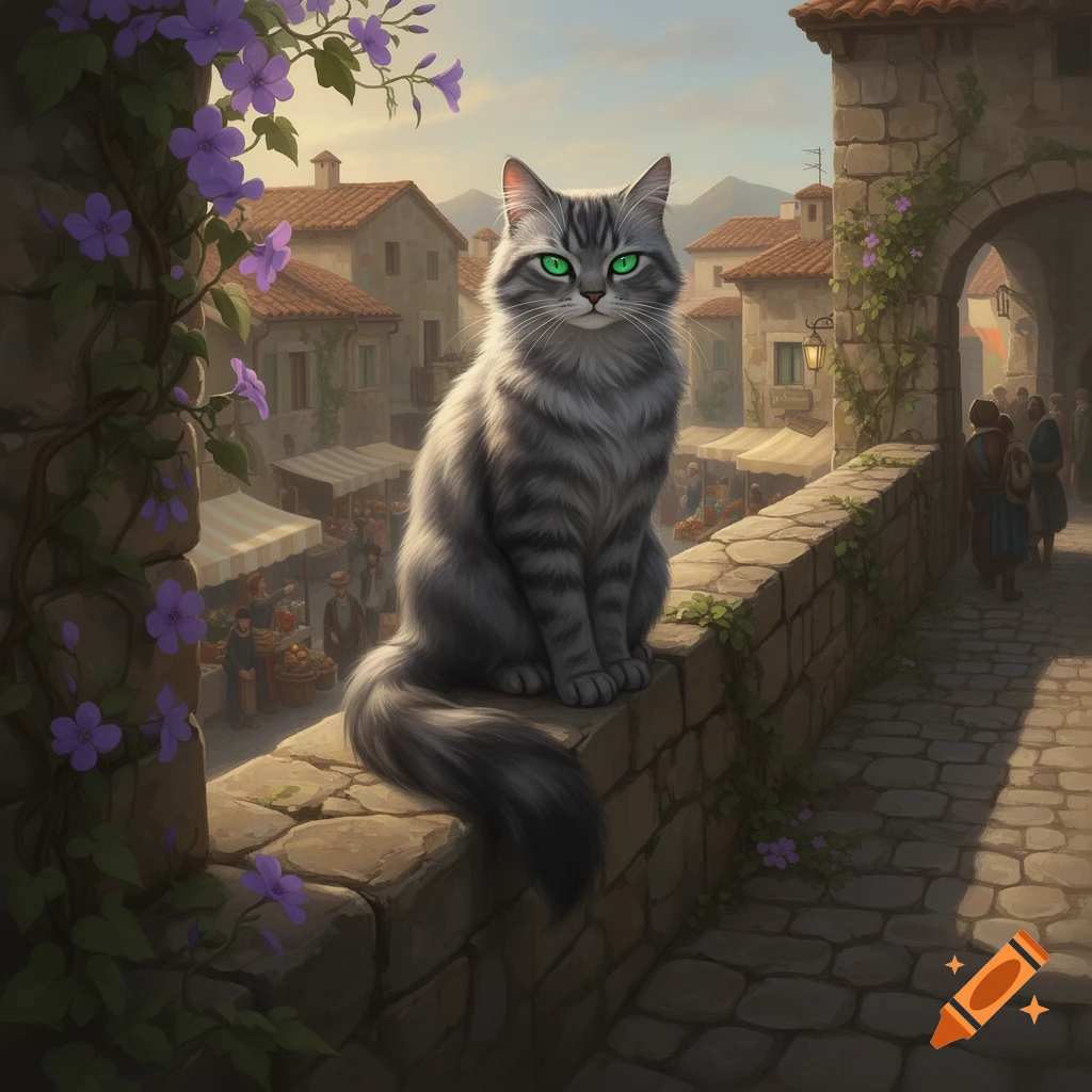Fluffy gray tabby cat with green eyes sits on a stone wall overlooking ...