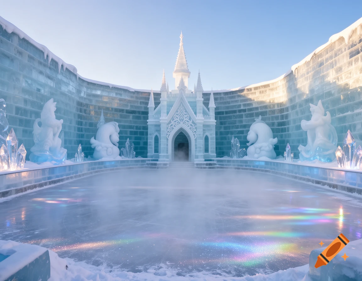 A majestic outdoor ice arena with a detailed ice castle, ornate ice sculptures, and a misty rink reflecting colorful lights.