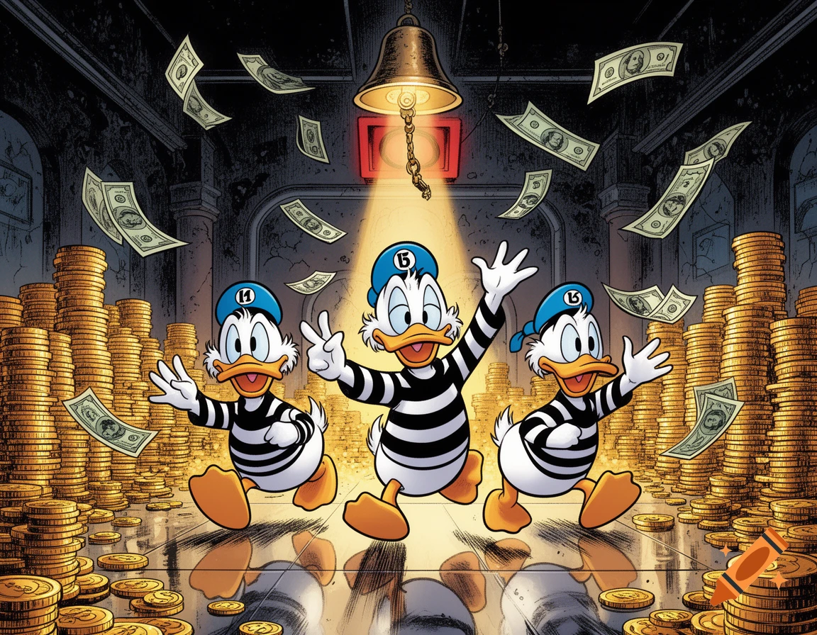 Three anthropomorphic duck characters in prison stripes celebrate with arms raised amidst piles of gold coins and falling dollar bills in a comic book style.