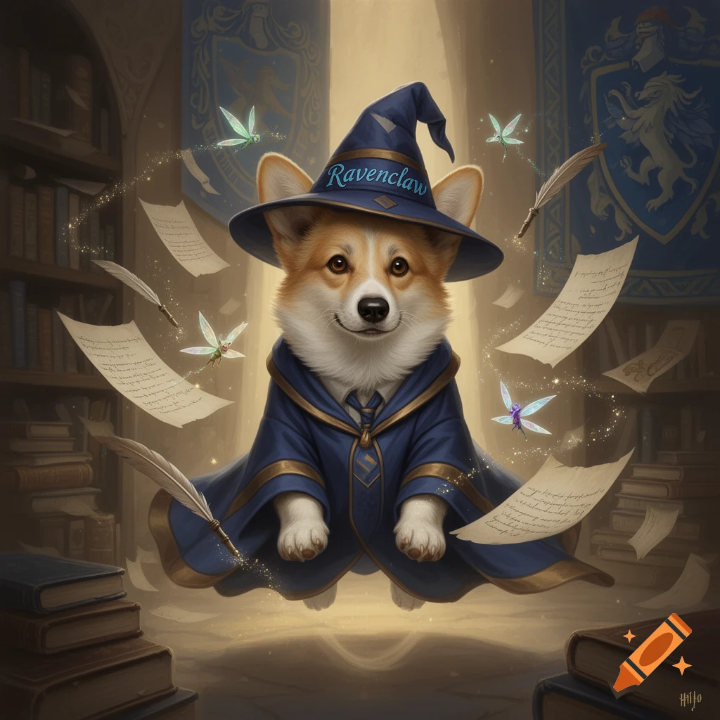 A cute corgi dog in a blue Ravenclaw wizard robe and hat floats in a magical library, surrounded by glowing fairies, quills, and enchanted floating papers.