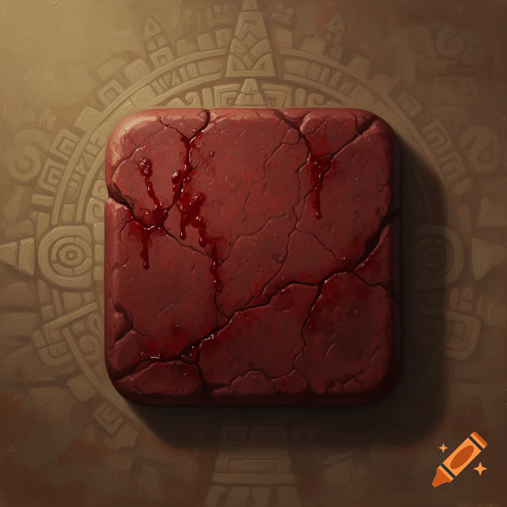 Stylized oil painting of a cracked, dark red, rounded square button with dripping liquid, on a background with a faded Aztec calendar pattern.