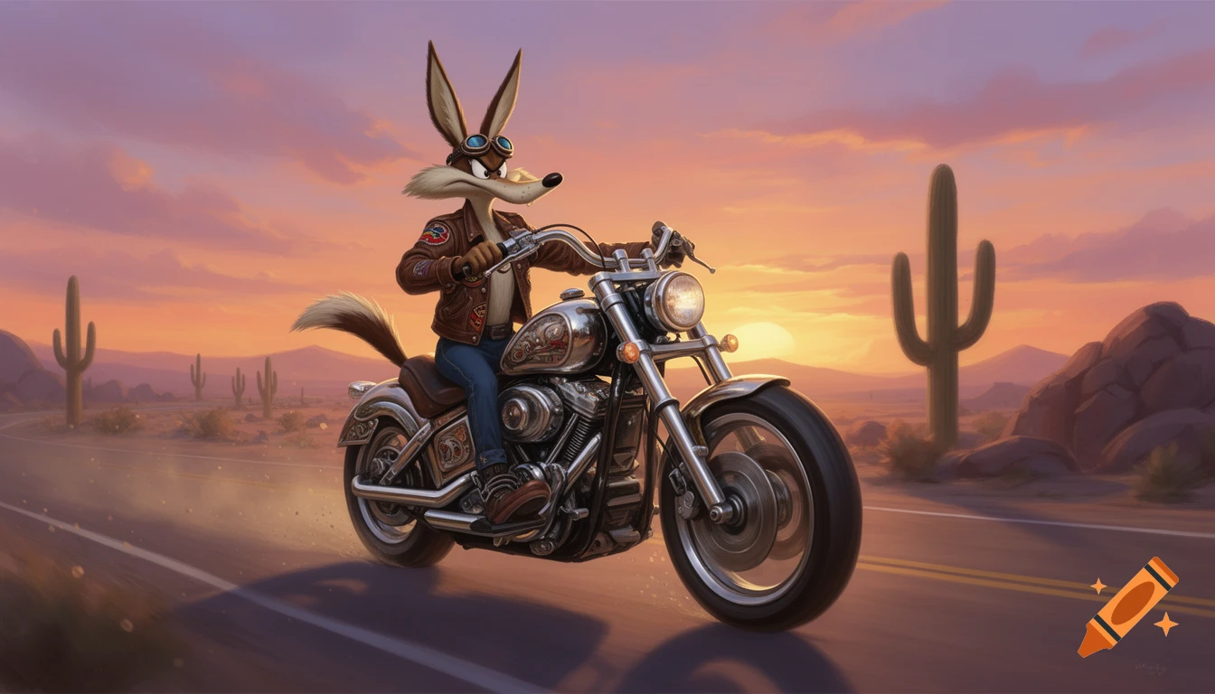 Wile E. Coyote rides a custom motorcycle through a desert at sunset, with saguaro cacti.