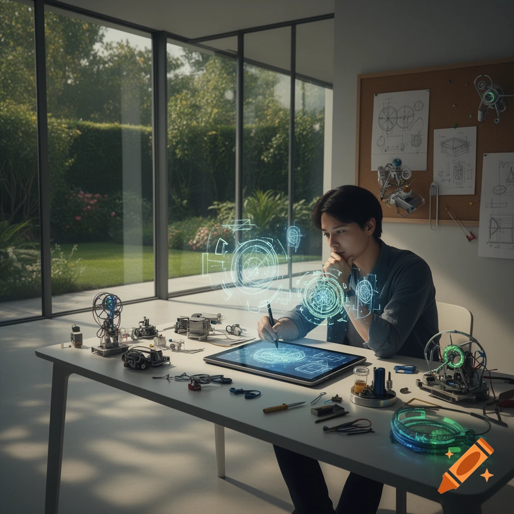 A man works at a desk with futuristic holographic designs, a tablet, and various mechanical parts, in a modern room with a garden view.