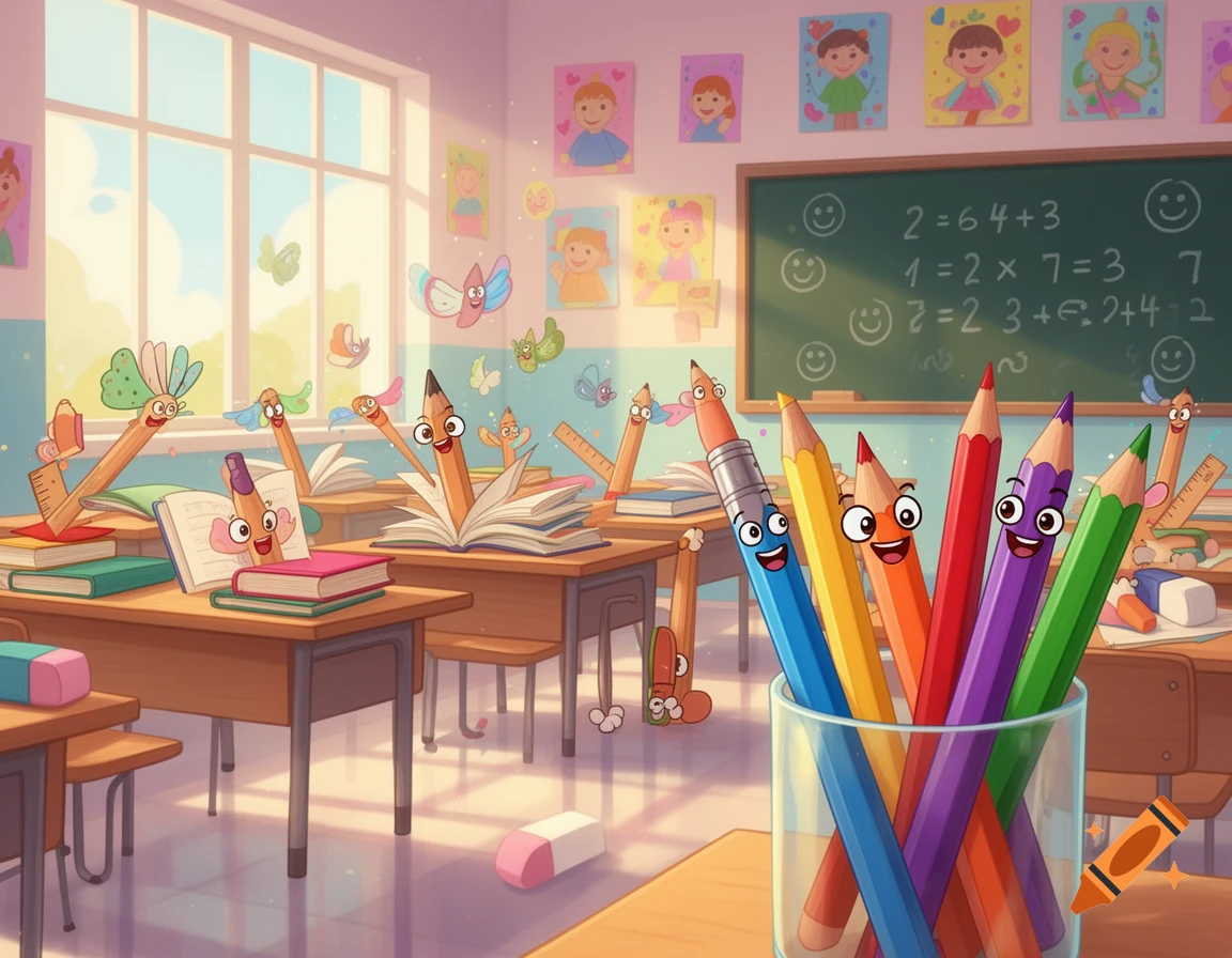 A whimsical cartoon classroom filled with anthropomorphic pencils, rulers, and other school supplies with faces. Some pencils are in a glass, while others interact with books and fly around like butterflies.