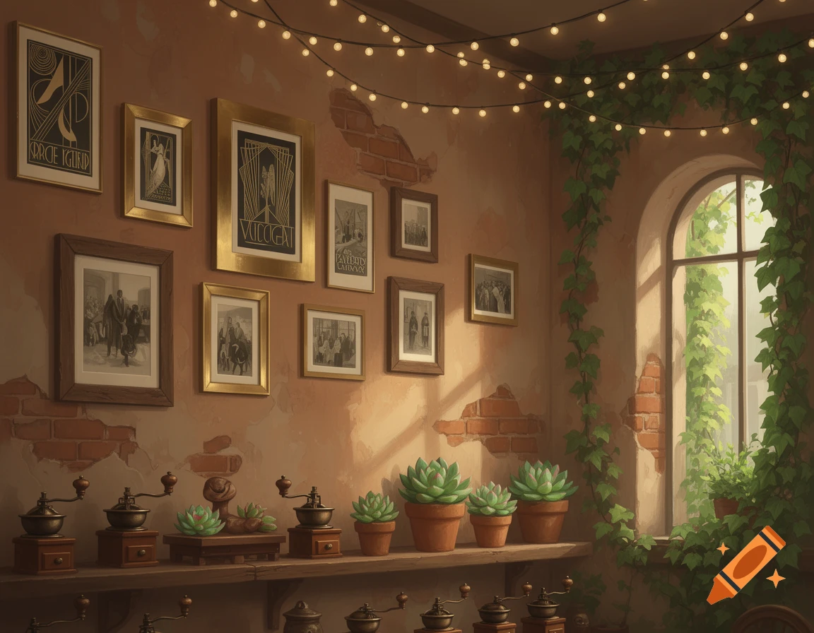 A rustic cafe interior with exposed brick, framed pictures, string lights, ivy around an arched window, and coffee grinders on a wooden shelf.
