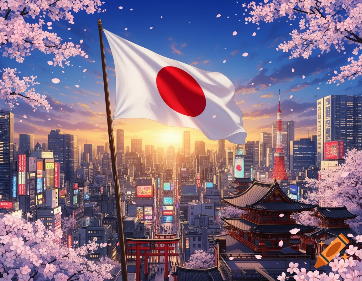 Vibrant anime-style cityscape of Japan at sunset with a waving Japanese flag, cherry blossoms, and landmarks like Tokyo Tower and temples.