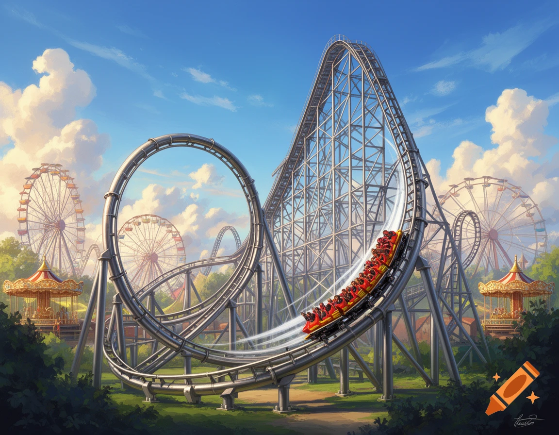 Vibrant amusement park scene with a large roller coaster, featuring a loop and steep hill, a red train of cars, multiple Ferris wheels, and carousels under a blue sky.