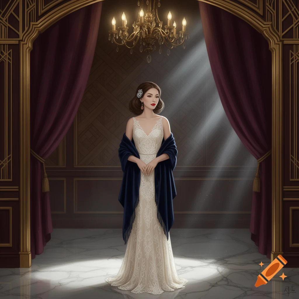 A woman in a white lace gown and navy shawl stands under an ornate chandelier in an elegant room with maroon curtains and marble floors, illuminated by light rays.