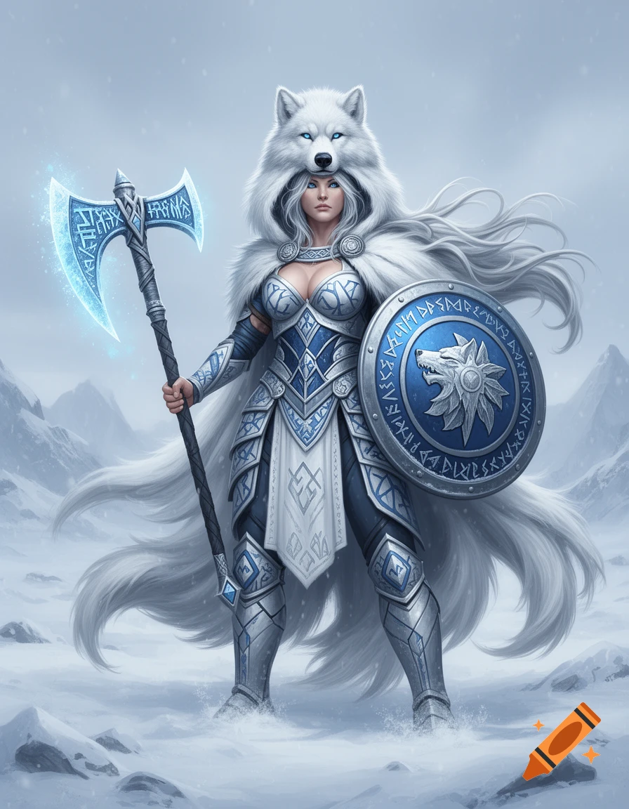 A powerful winter warrior queen, wearing wolf-fur armor and a wolf-head hood, stands in a snowy landscape holding a glowing ice axe and a wolf-emblazoned shield.