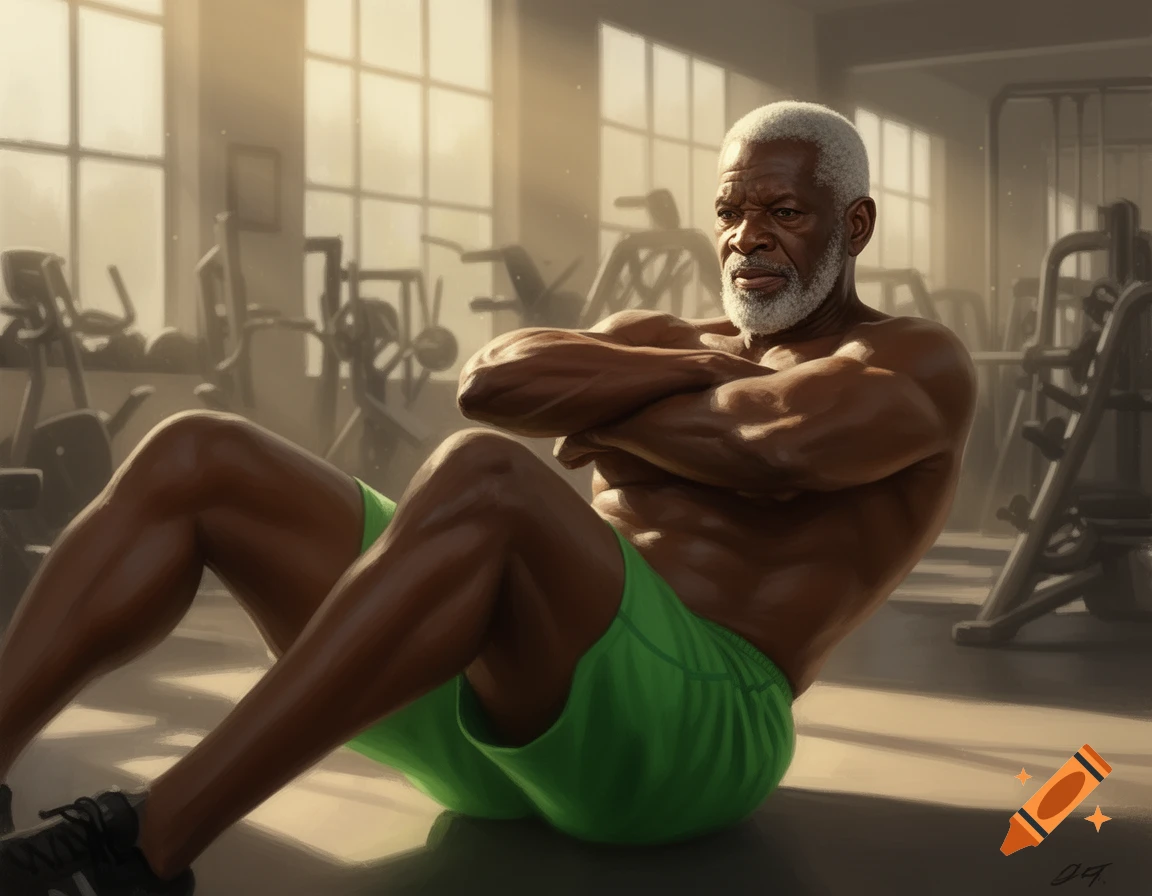 An old, muscular Black man with gray hair and beard does crunches in a sunlit gym, wearing green shorts.