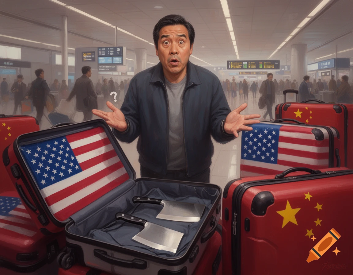 A man with a surprised expression at an airport with USA and China flag suitcases; one open suitcase shows two cleavers.