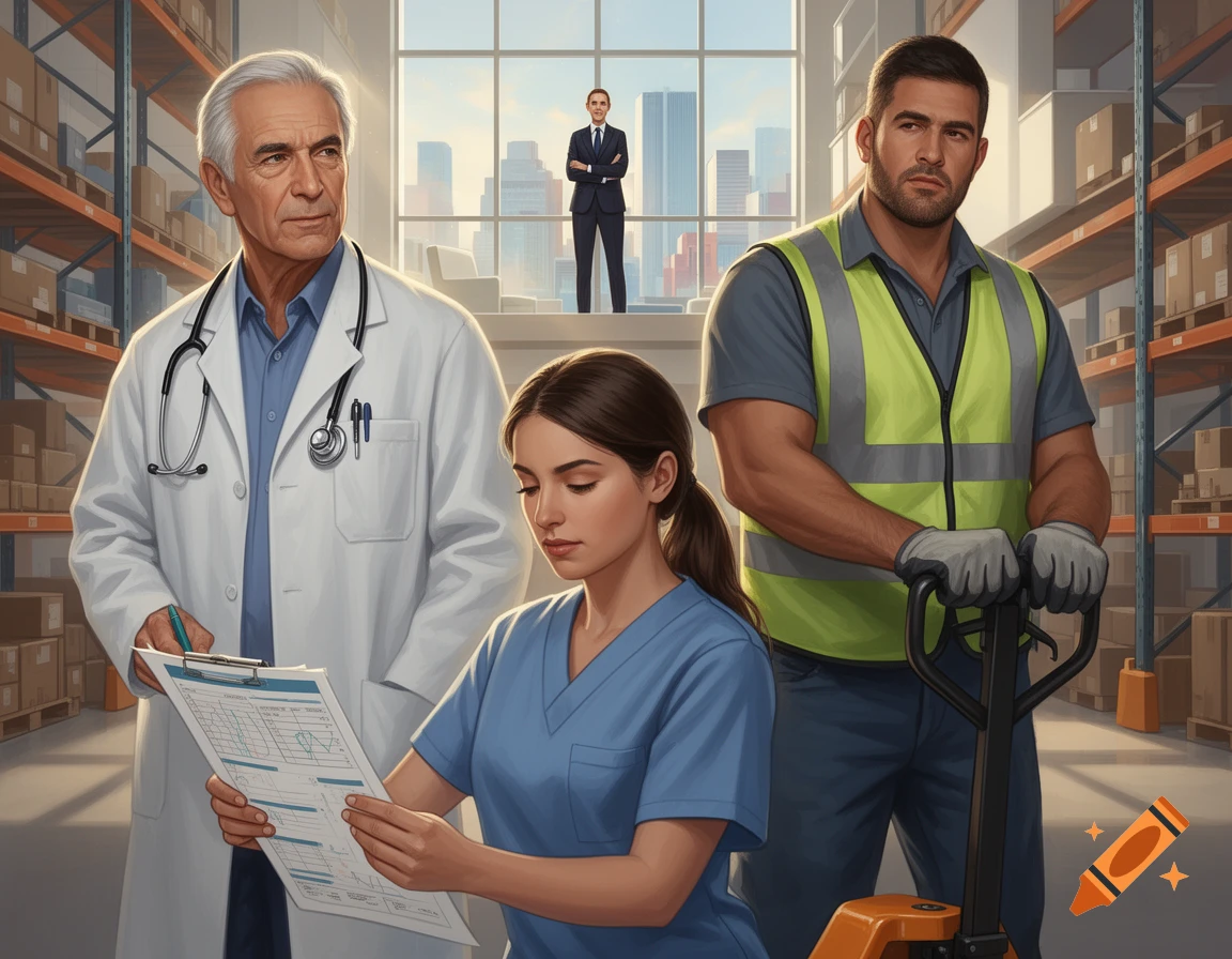 A doctor, nurse, and warehouse worker stand in a warehouse, with a CEO visible through a window in the background. Stylized illustration.