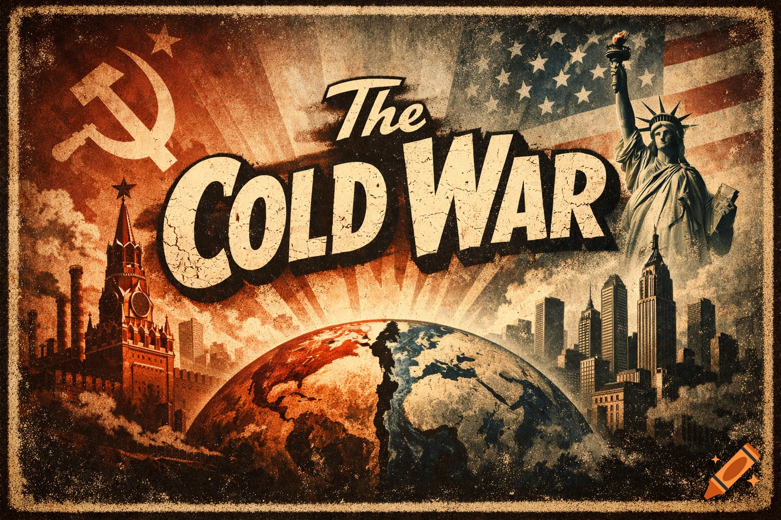 Vintage poster for 'The Cold War' with USSR and USA symbols, a divided globe, and prominent text.