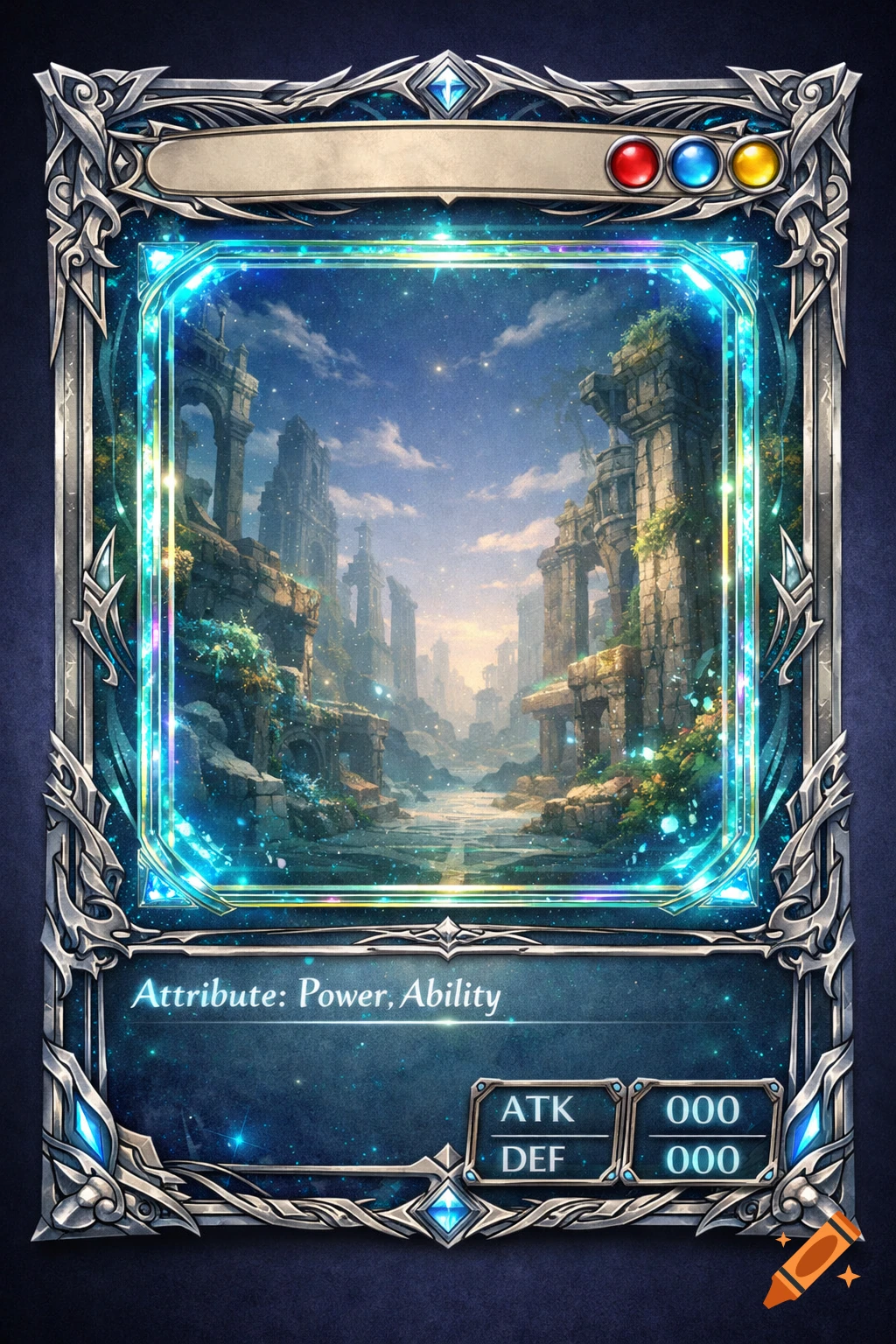 An ornate, glowing blue and silver collectible card game template with a fantasy landscape of ancient ruins under a starry sky.