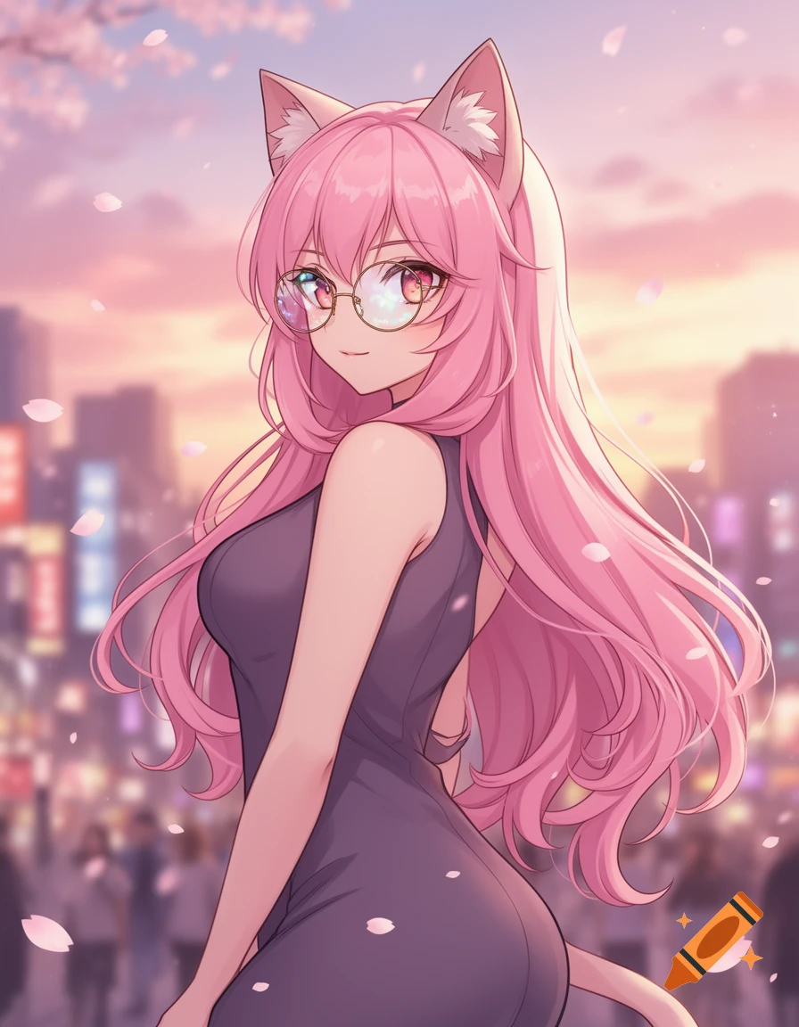 Anime cat girl with pink hair, glasses, and cat ears in a black dress, smiling on a city street with cherry blossoms at sunset.